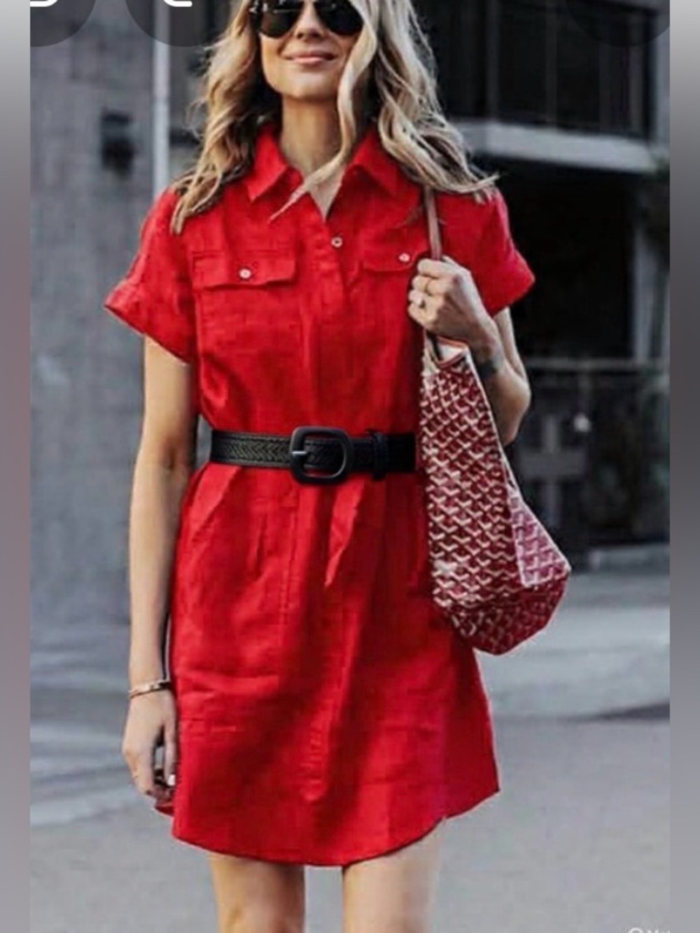 A.BYER Red Mini Shirt Dress Rolled Short Sleeves Black Braided Leather Belt M